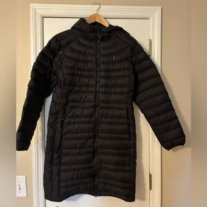 Cirq Black Down Puffer Coat Women’s Large Hooded Long Winter Jacket 90/10 Down